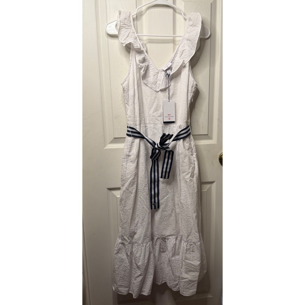 Vineyard Vines Target White Seersucker Ruffle Midi Dress Striped Belt Small NWT